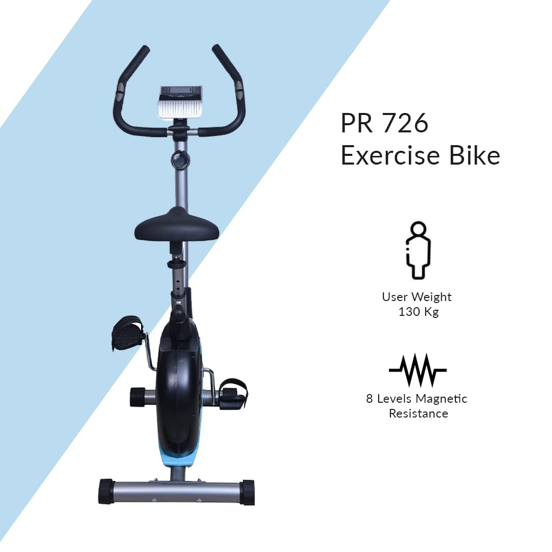 Front view infographic of PR 726 bike with user weight 130 kg and 8 levels magnetic resistance