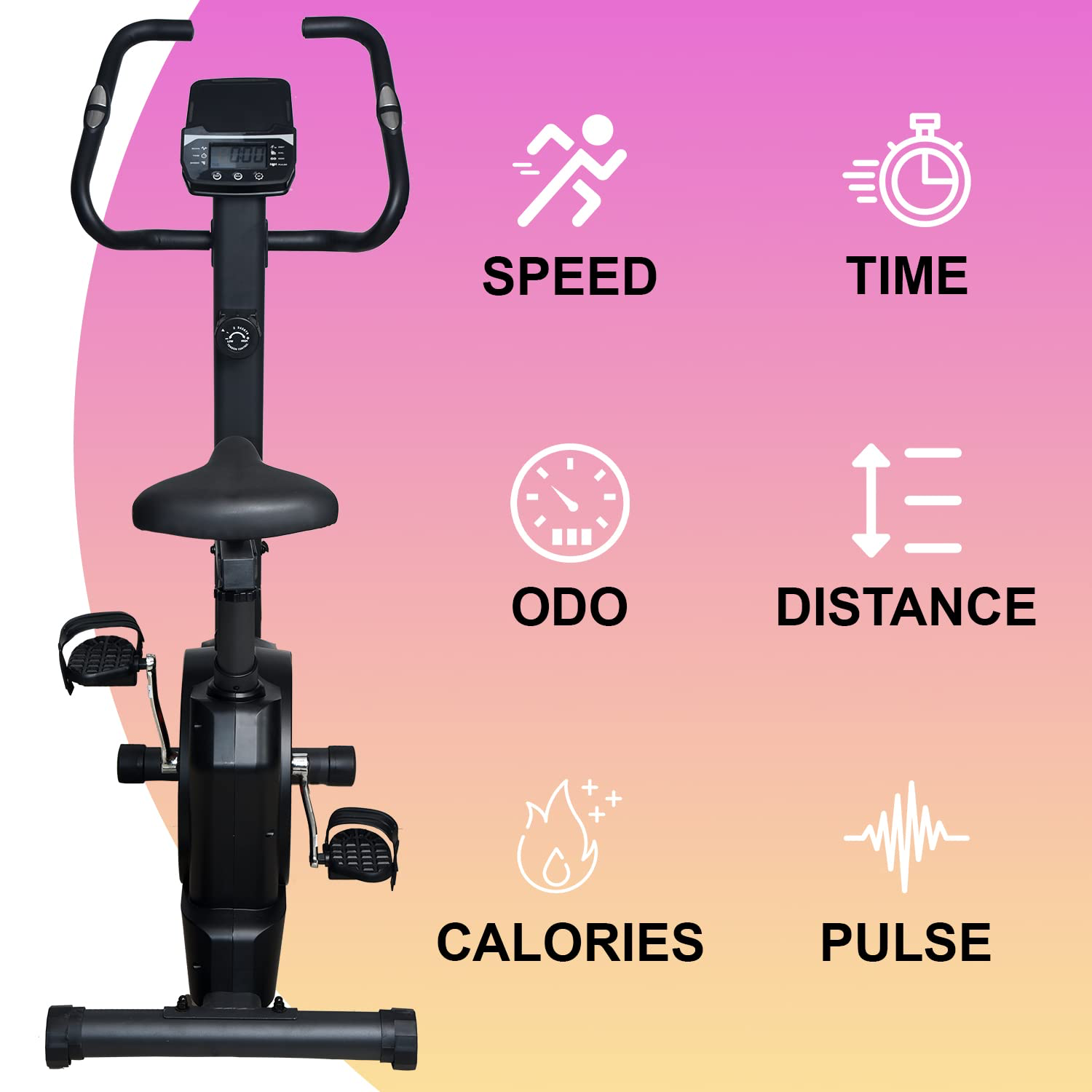 Front view of black exercise bike with LCD monitor graphic listing speed, time, odo, distance, calories and pulse