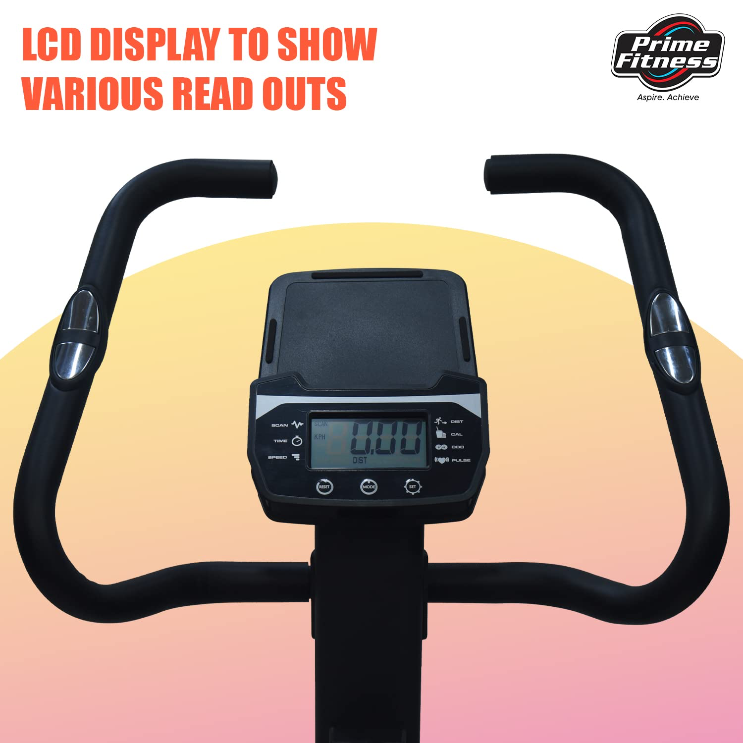 Handlebar close-up with silver pulse sensors and center LCD console on a white to pink gradient background