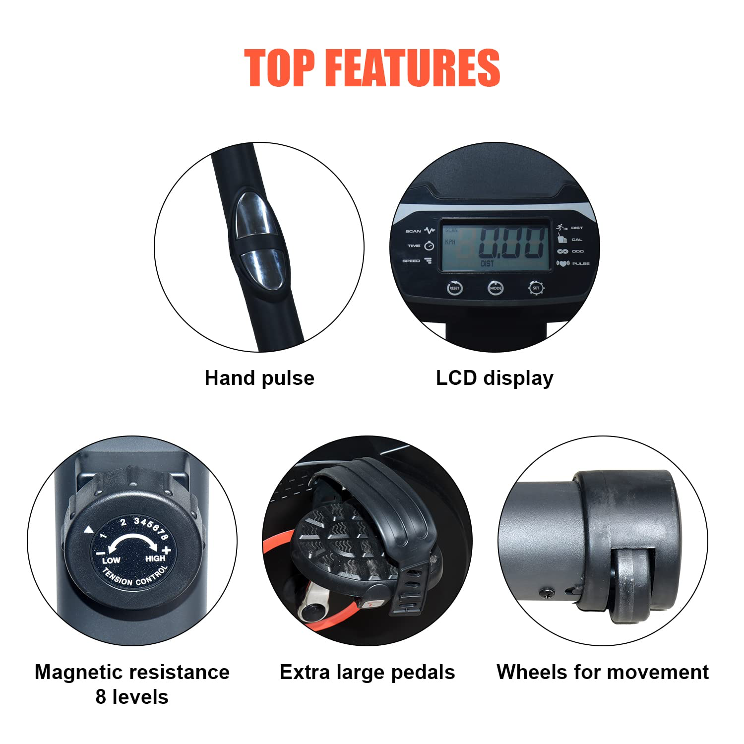 Feature collage showing hand pulse grips, LCD console, 8-level resistance knob, large pedal and transport wheel