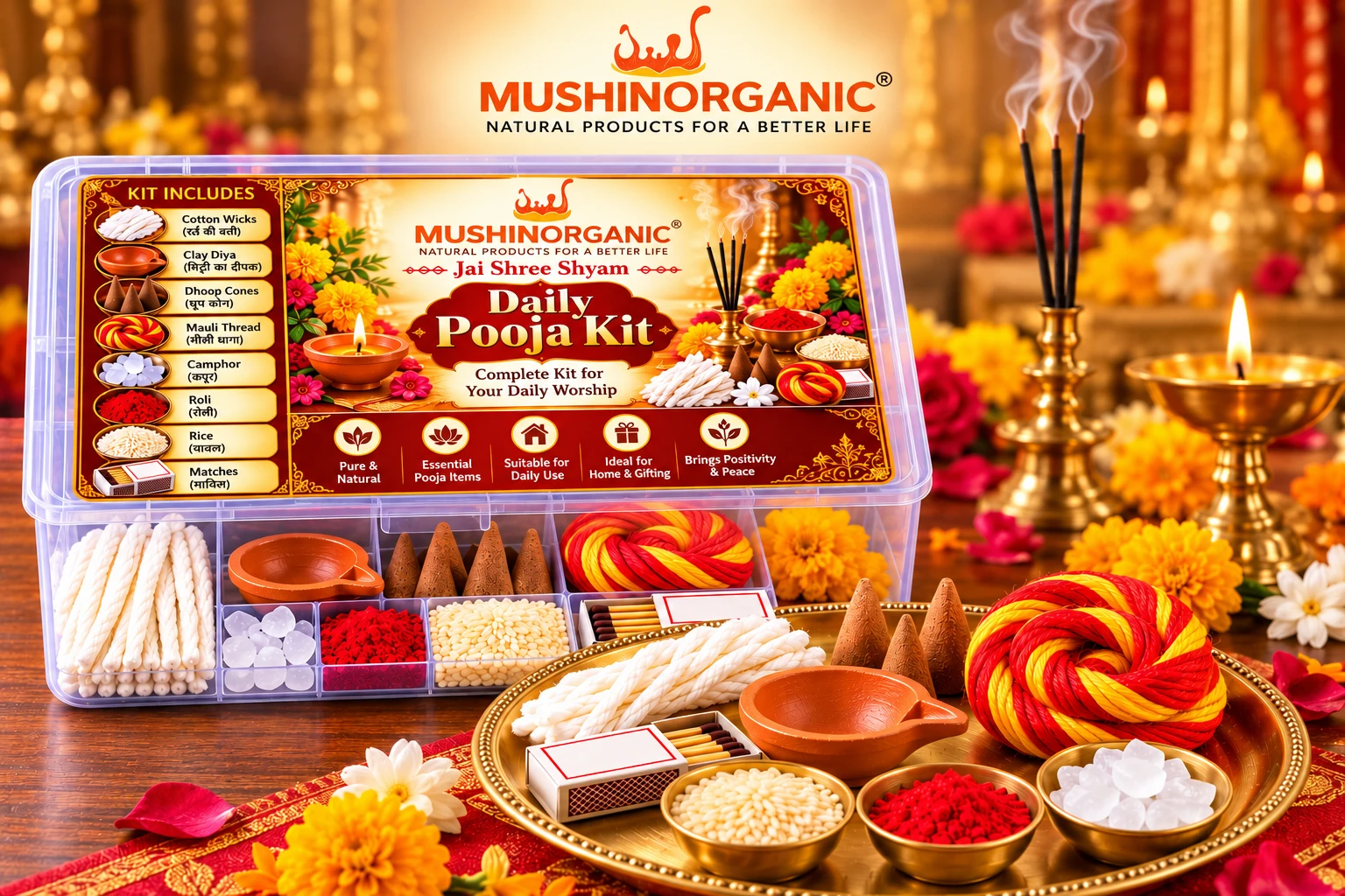 Mushinorganic Daily Pooja Kit in organizer box with diya, wicks, dhoop cones, mauli thread, roli, rice and camphor