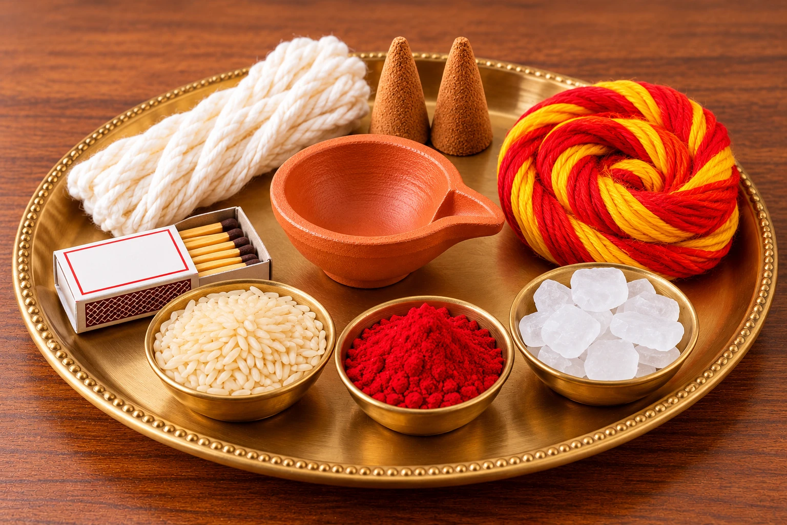 Brass puja thali with clay diya, cotton wicks, dhoop cones, red-yellow thread, rice, roli, camphor and matches