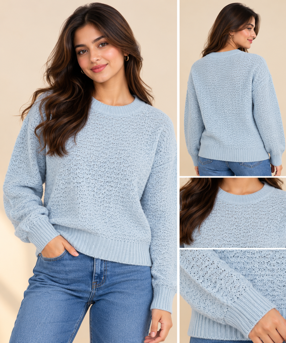 Collage showing front, back and close-up views of a light blue textured knit crew neck sweater