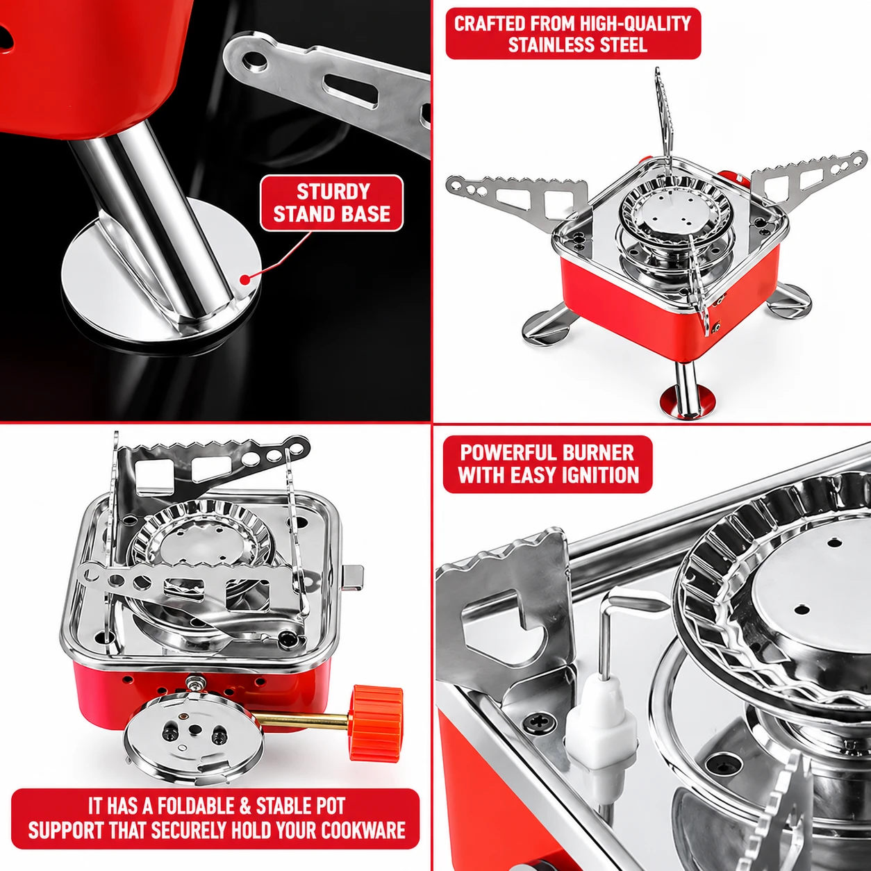 Collage showing the stove’s stainless steel legs, foldable pot supports, and easy-ignition burner close-up