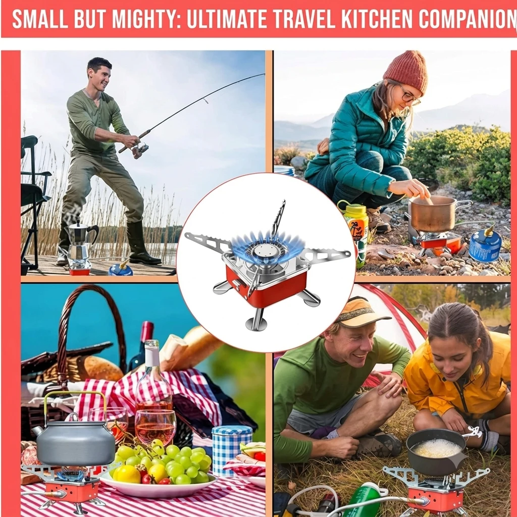 Camping stove infographic with center burner close-up and four outdoor cooking scenes under 'Small but Mighty' banner