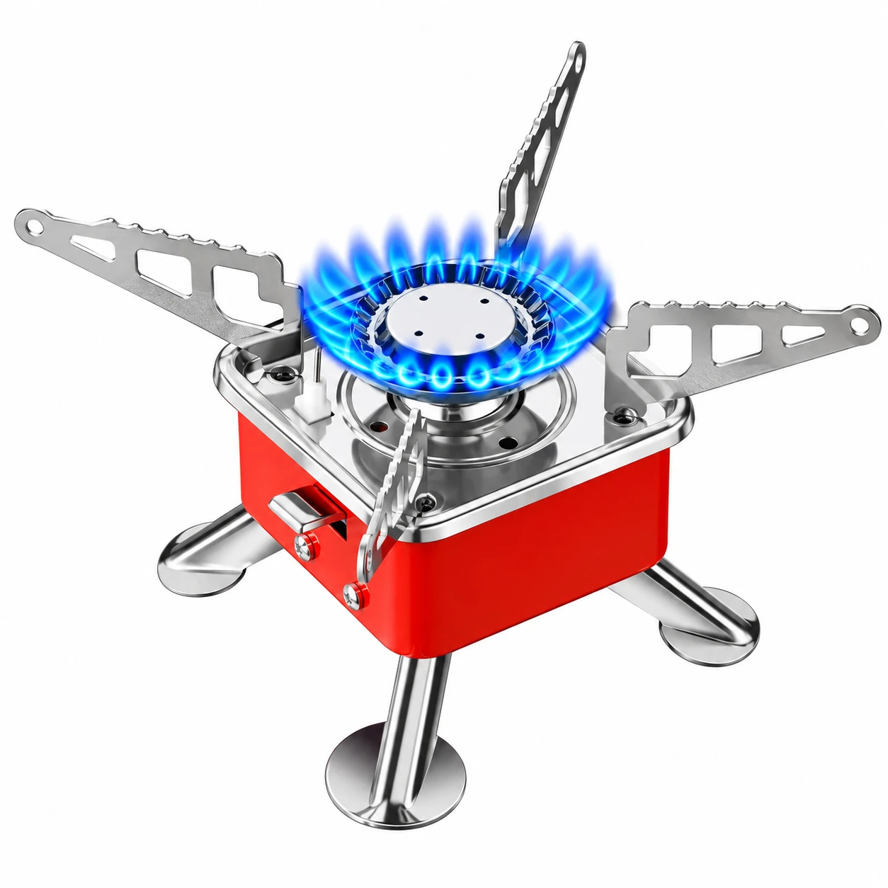 Red mini camping stove with blue ring flame, three raised pot supports, and stainless steel legs on white