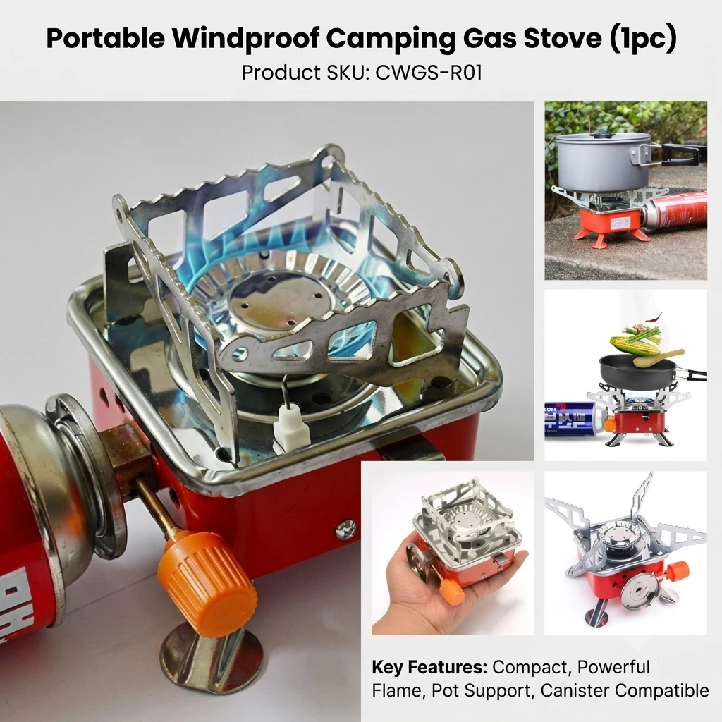 Product collage for portable windproof camping gas stove, SKU CWGS-R01, with feature text and usage insets