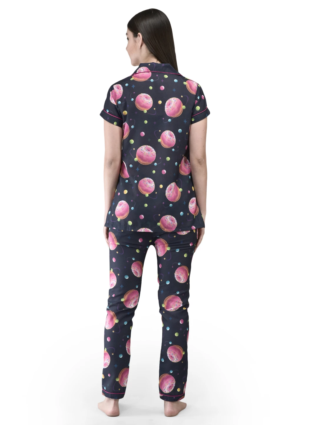 Back view showing all-over donut and dot print on the matching navy nightwear set