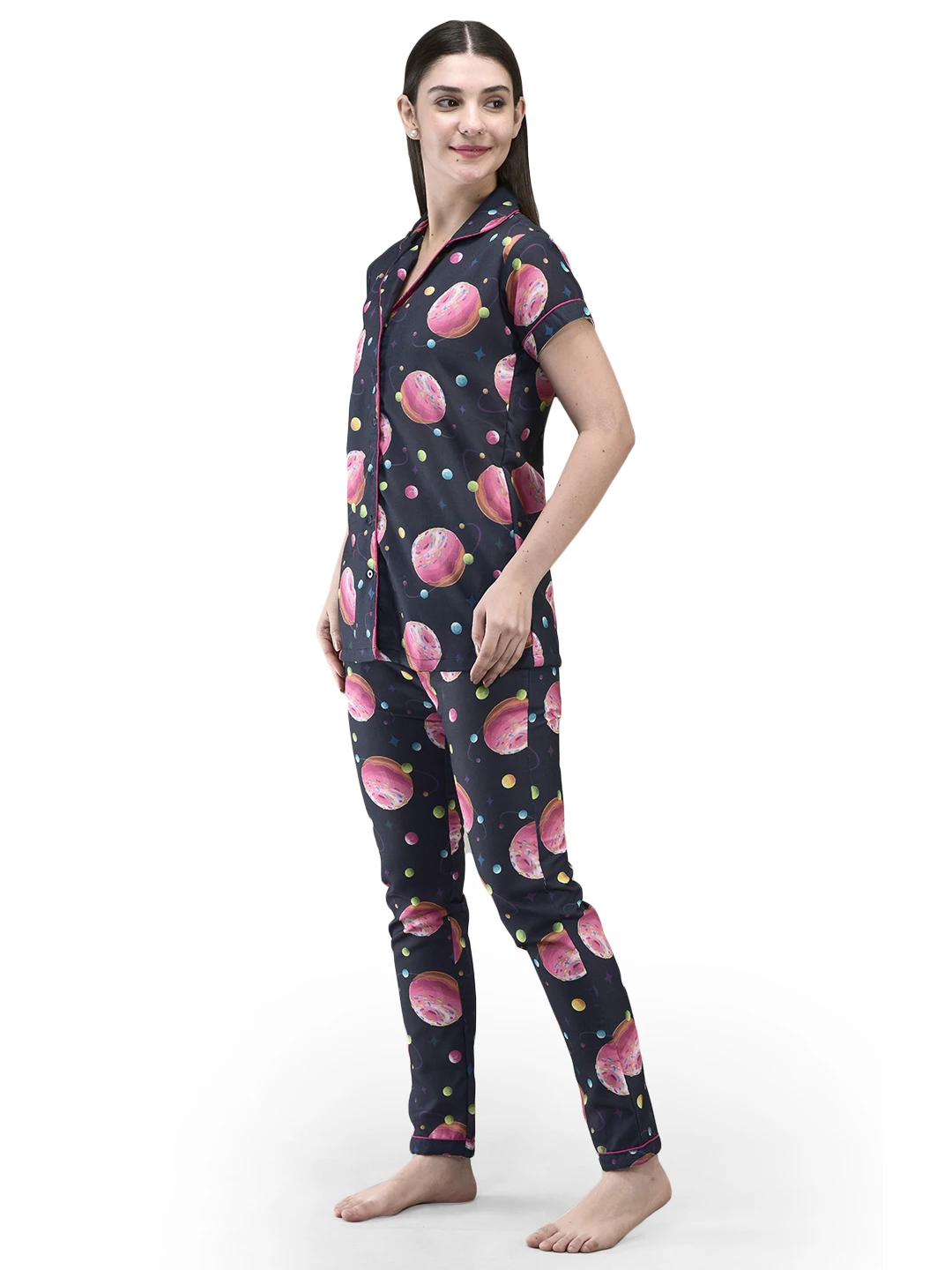 Left angled view highlighting the collared button-front top and tapered pajama pants