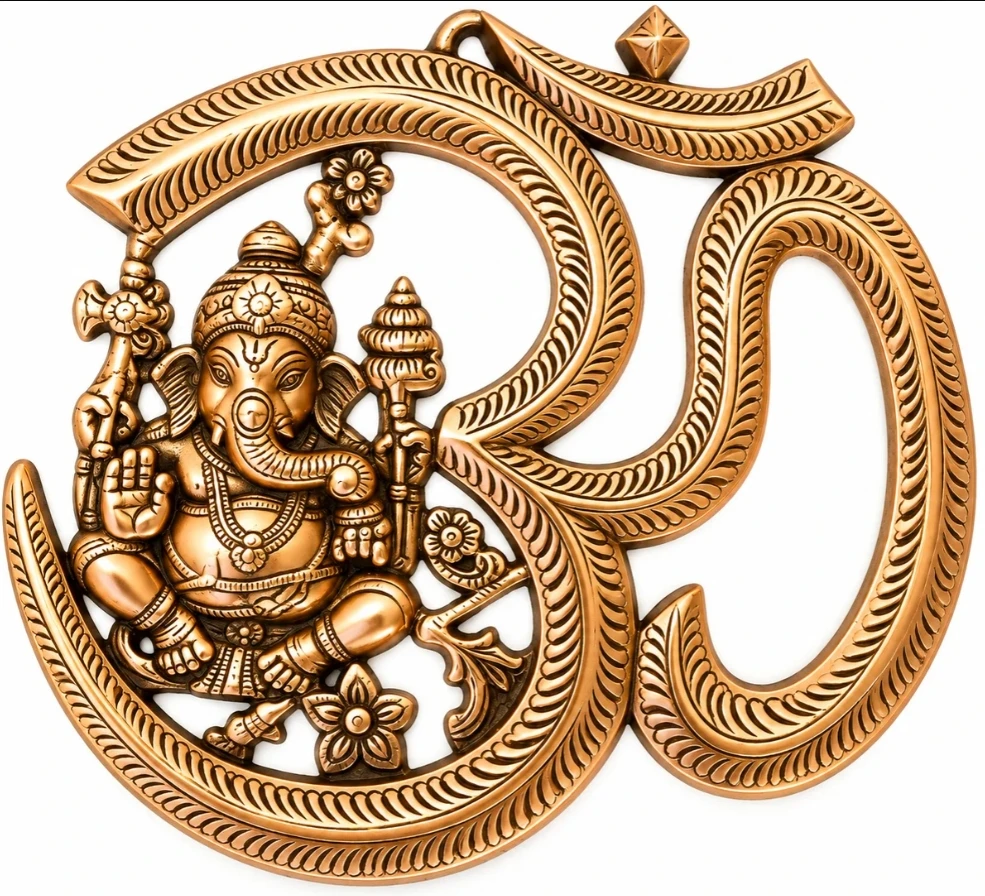 Front view of ornate Om wall decor with seated Ganesha motif in antique gold finish on white background