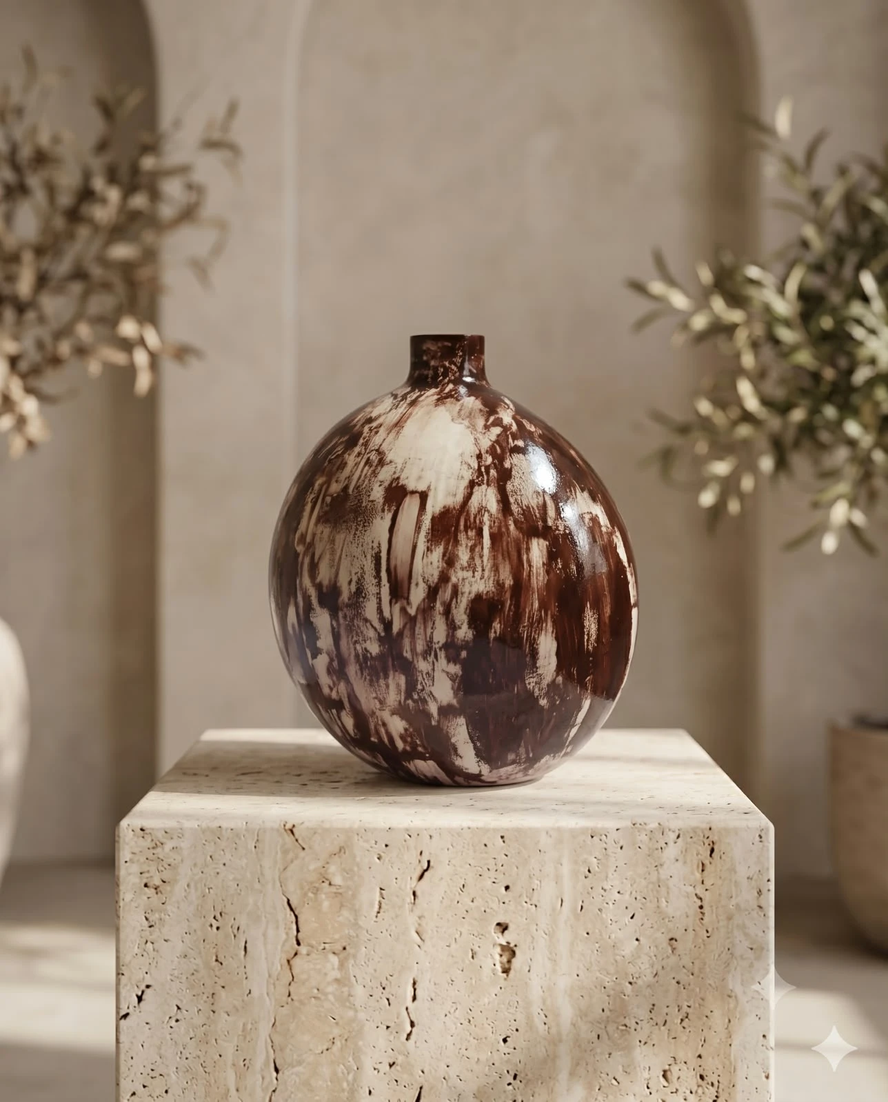 Front view of the empty bulb-shaped vase with glossy brown and cream marbled brushstroke finish