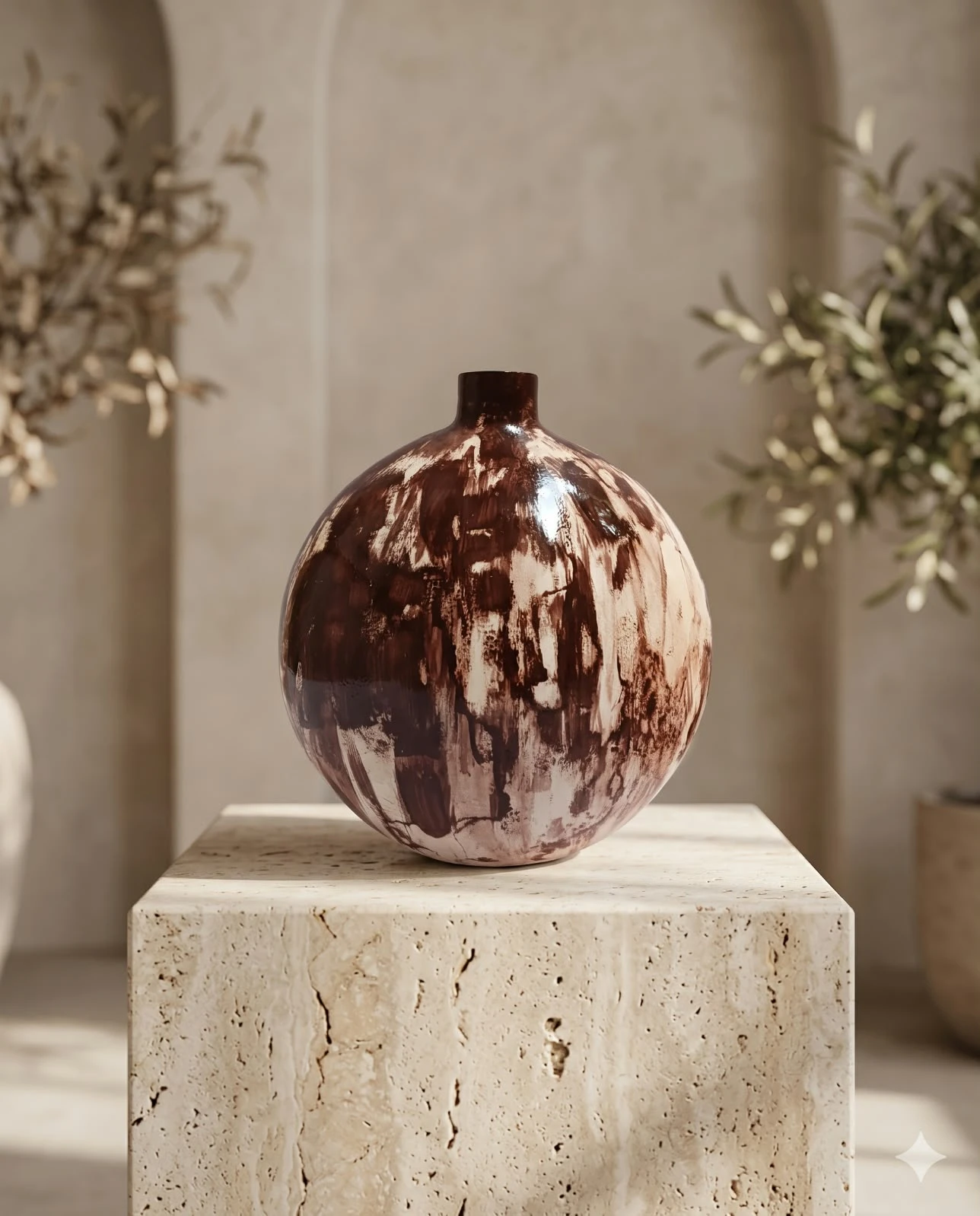 Alternate angle showing the rounded body and narrow neck with abstract brown over cream glaze