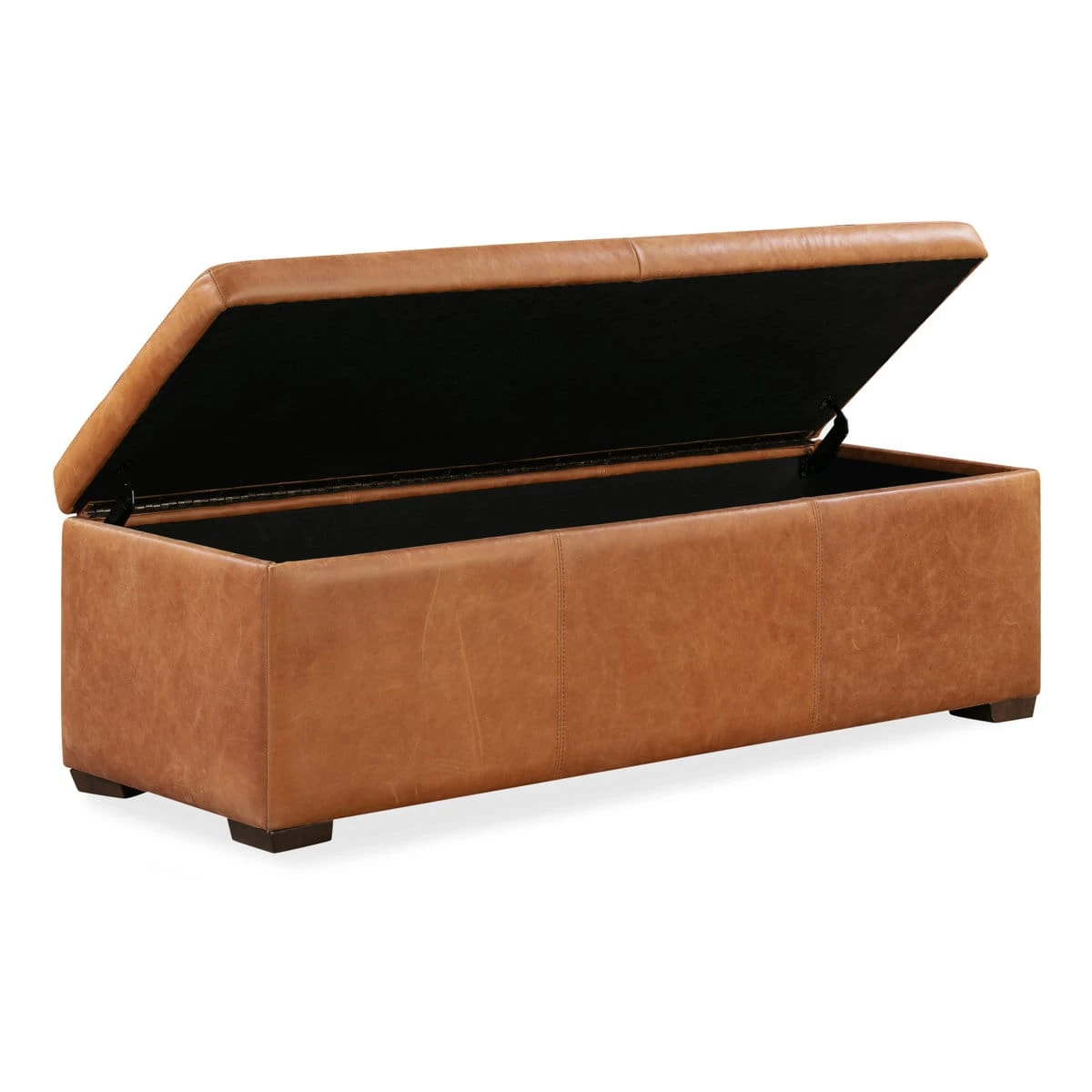 Ottoman with lift-top lid open showing hinges and spacious black-lined storage compartment