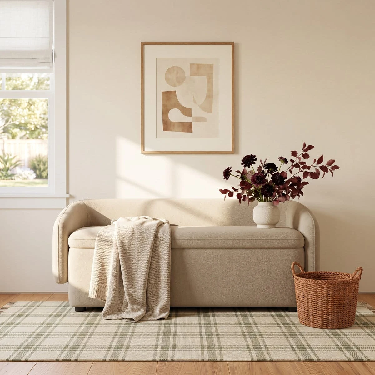 Bredon bench in Capri Wicker styled in a sunlit room with throw, vase and basket