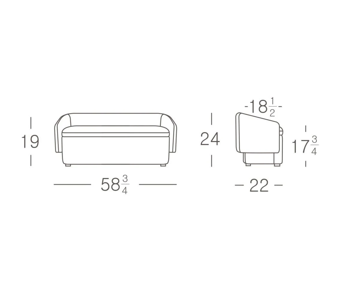 Dimension drawing: 58.75 in wide, 22 in deep, 24 in high, 17.75 in seat height