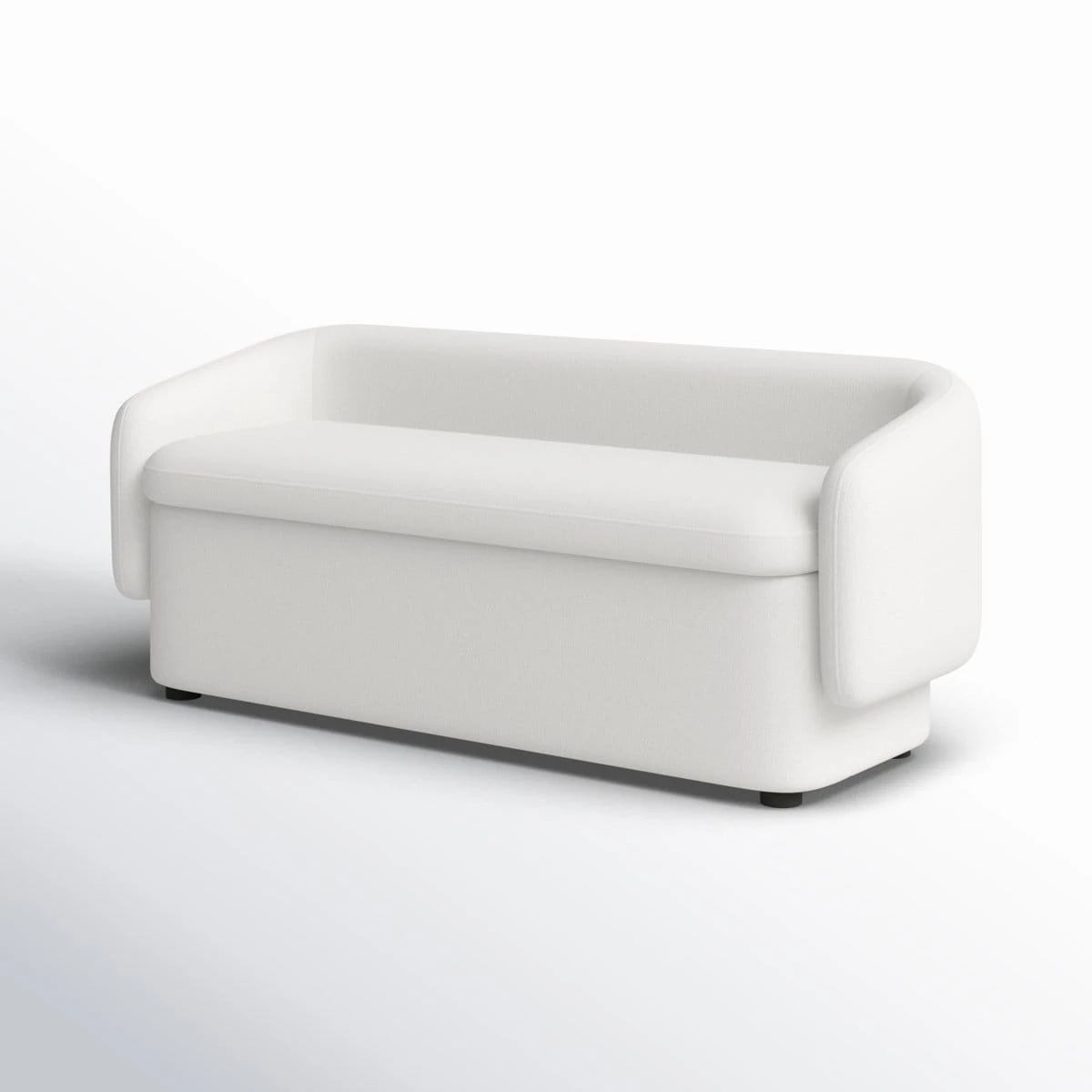 Angled view of Off-White Bredon bench showing rounded arms and black feet