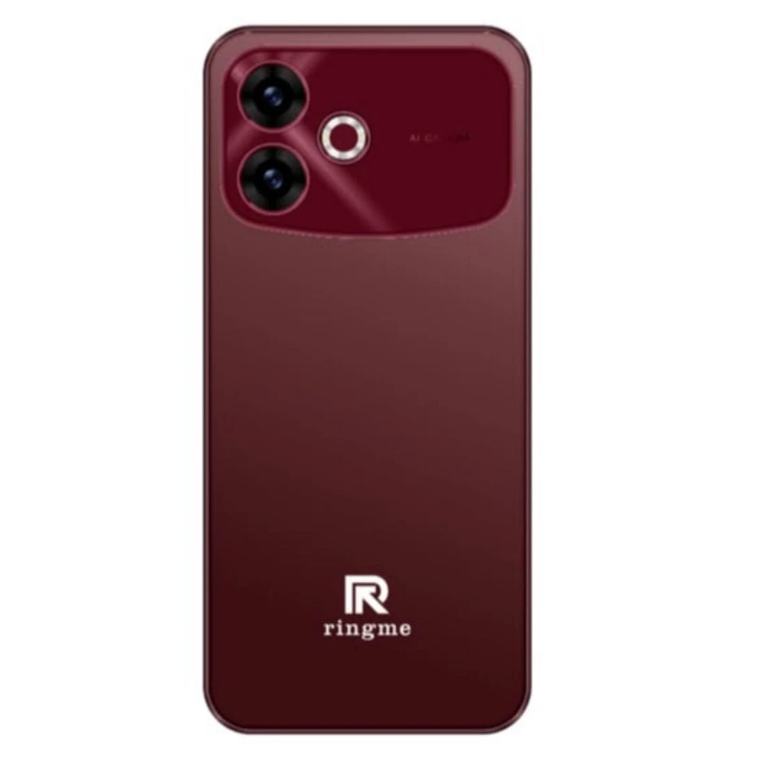 Rear view in burgundy with dual cameras, circular flash ring, and Ringme logo on the lower back