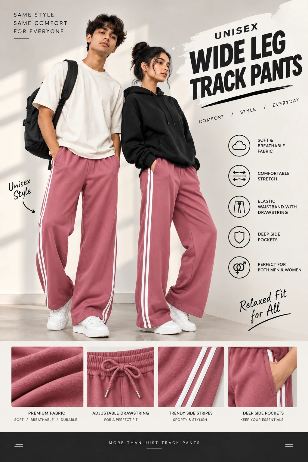 Pink unisex wide-leg track pants worn by two models, with side stripes and feature callouts