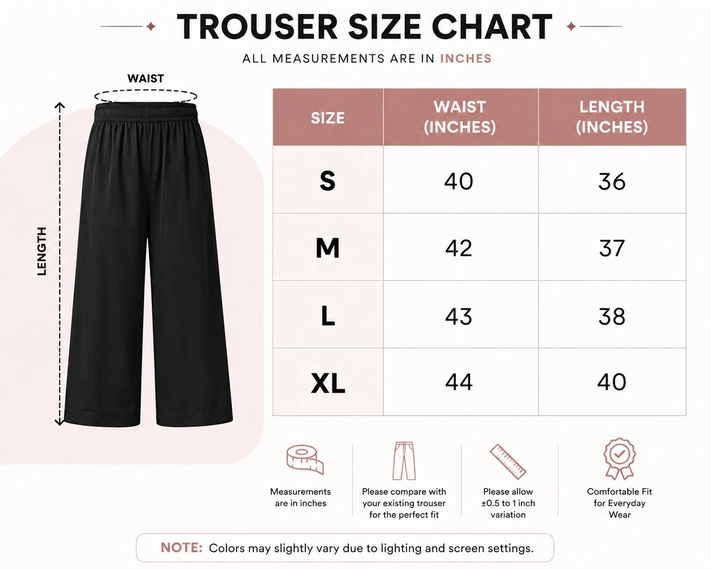 Trouser size chart infographic with waist and length in inches for sizes S, M, L, and XL