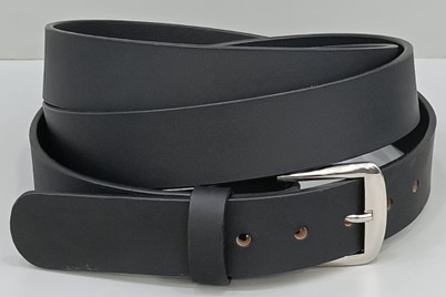 Brown belt coiled flat with smooth strap, keeper loop and shiny gold-tone pin buckle on white background
