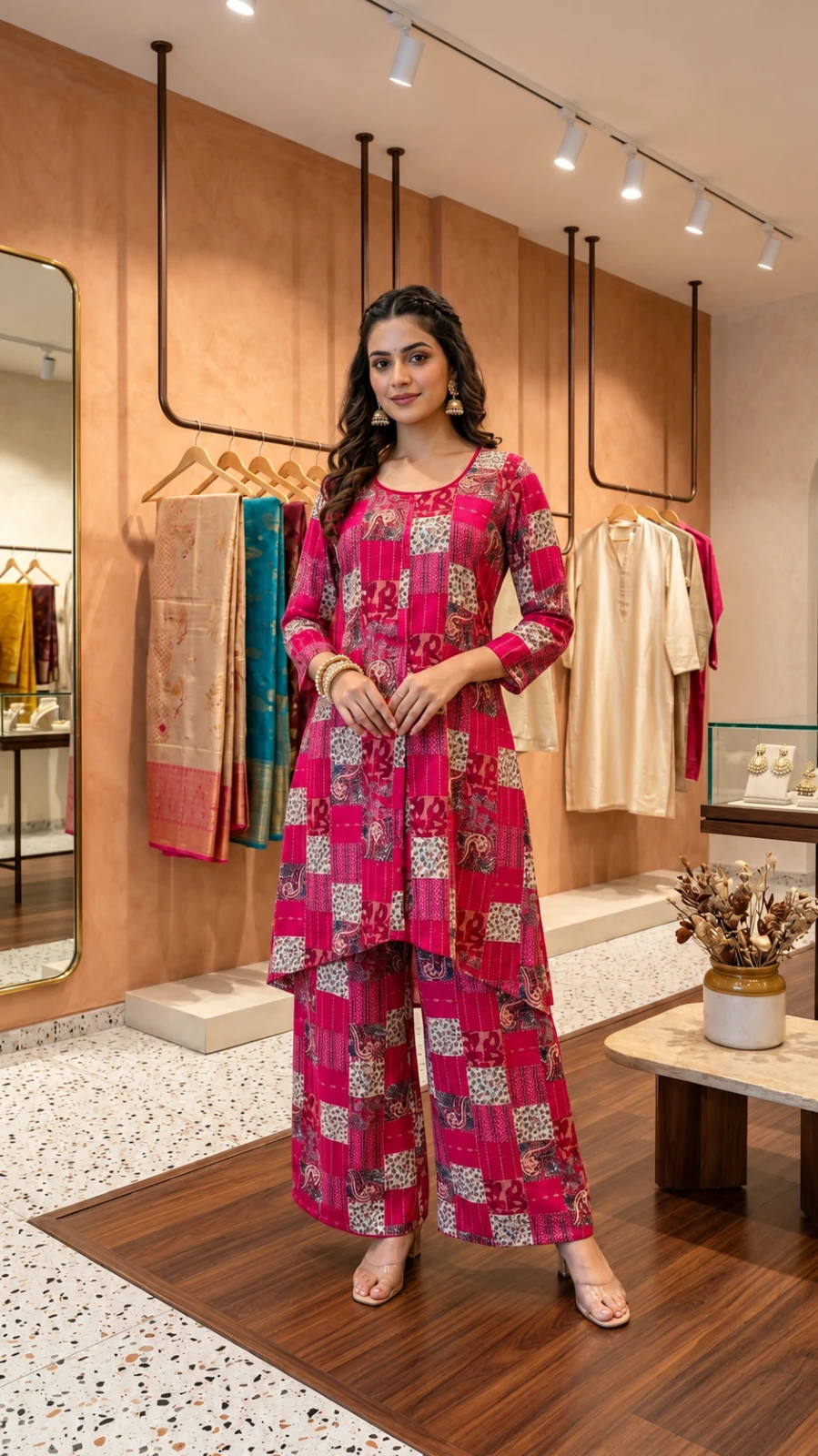 Front view of a woman wearing a pink printed kurta with matching wide-leg palazzo pants in a boutique