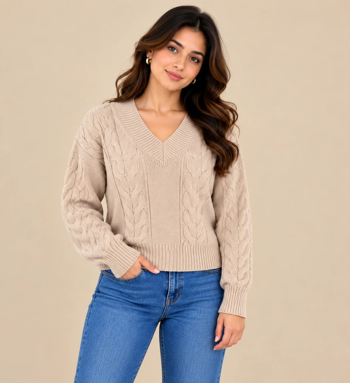 Front and back views of a beige V-neck cable-knit sweater with ribbed hem and cuffs