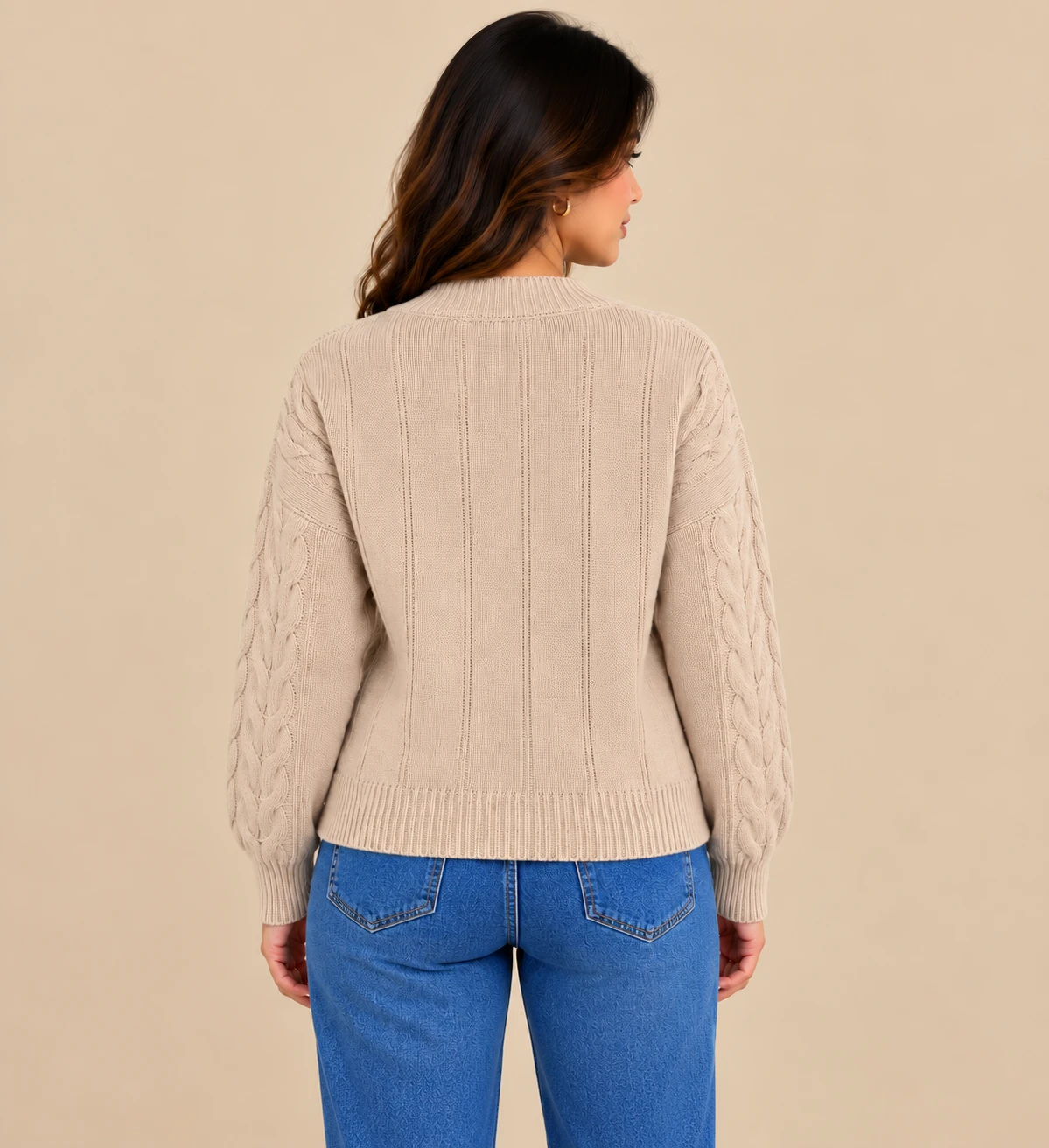 Front and back views of a beige V-neck cable-knit sweater with ribbed hem and cuffs