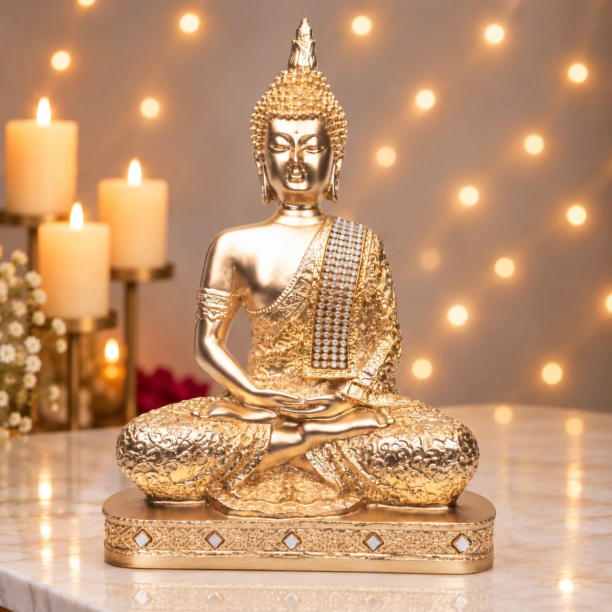 Front view of gold Buddha statue with ornate robe and jeweled drape on a decorative base