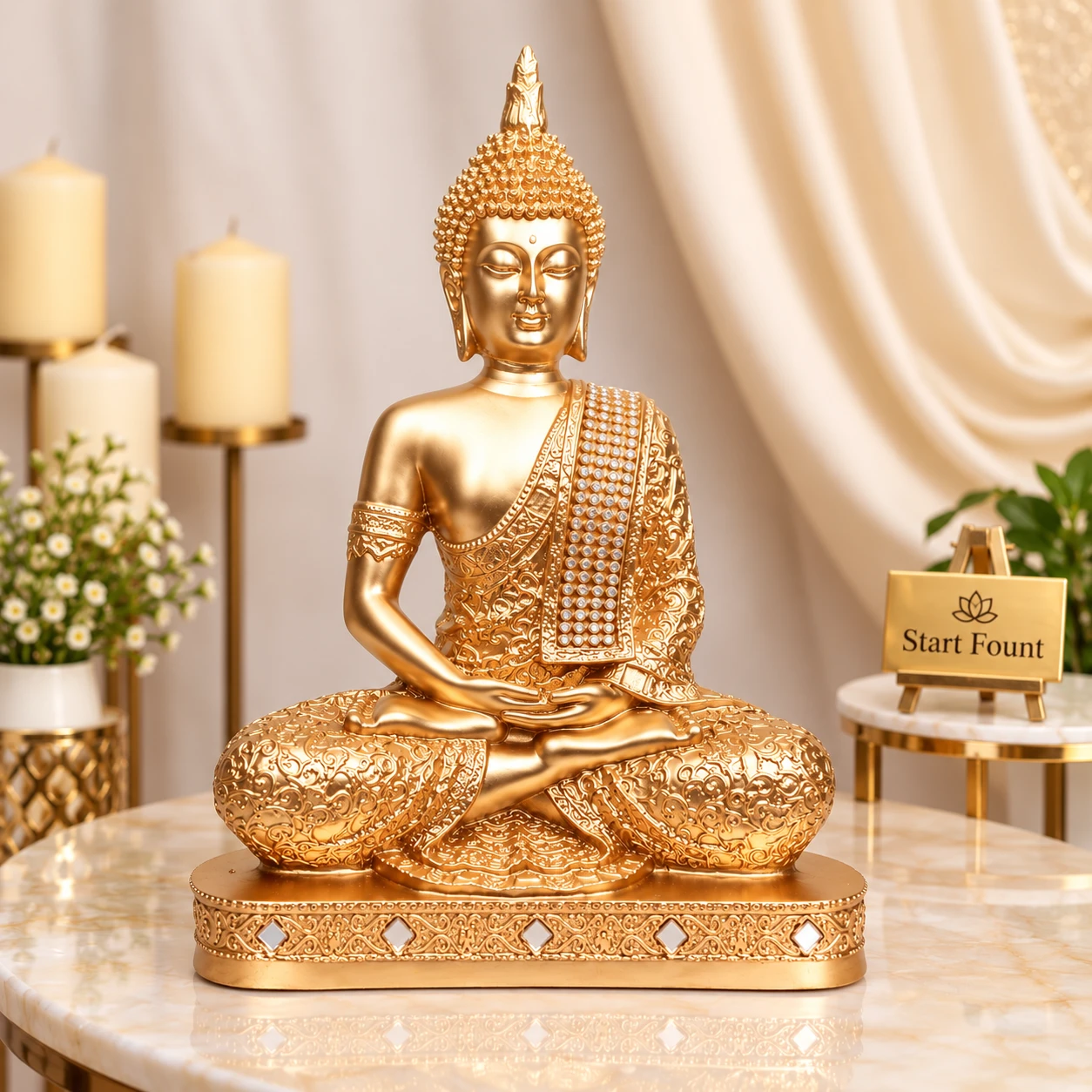 Centered Buddha figurine with detailed engraved base and pearl-look sash in warm room setting