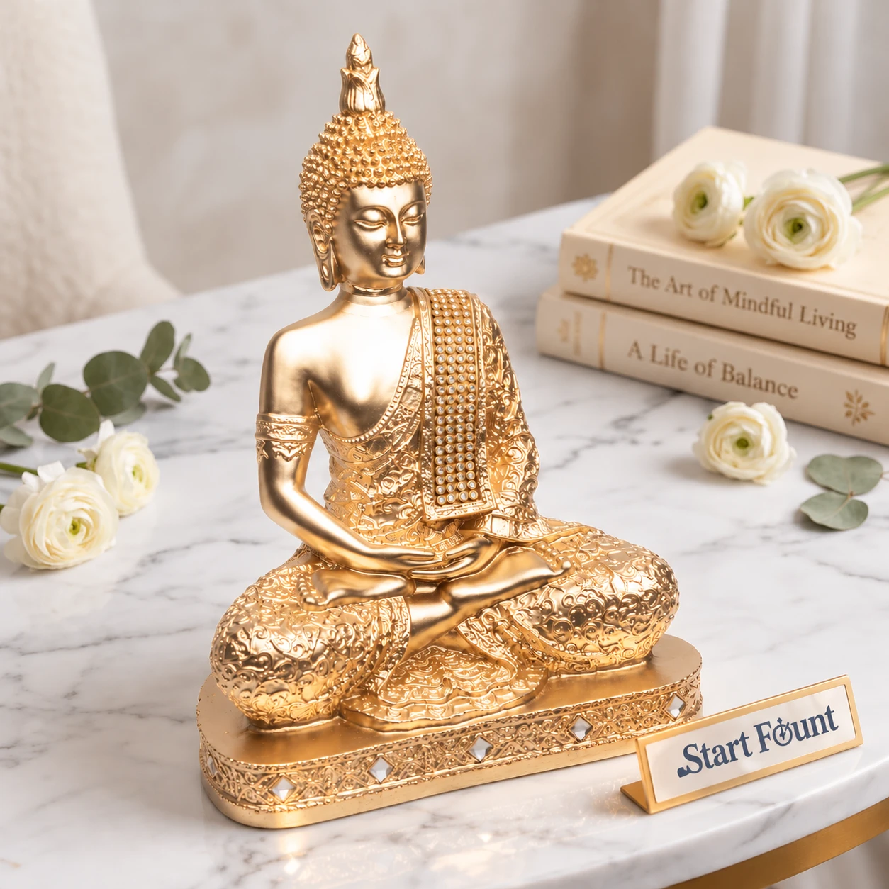 Three-quarter left view of Buddha statue beside stacked books and white flowers on marble surface