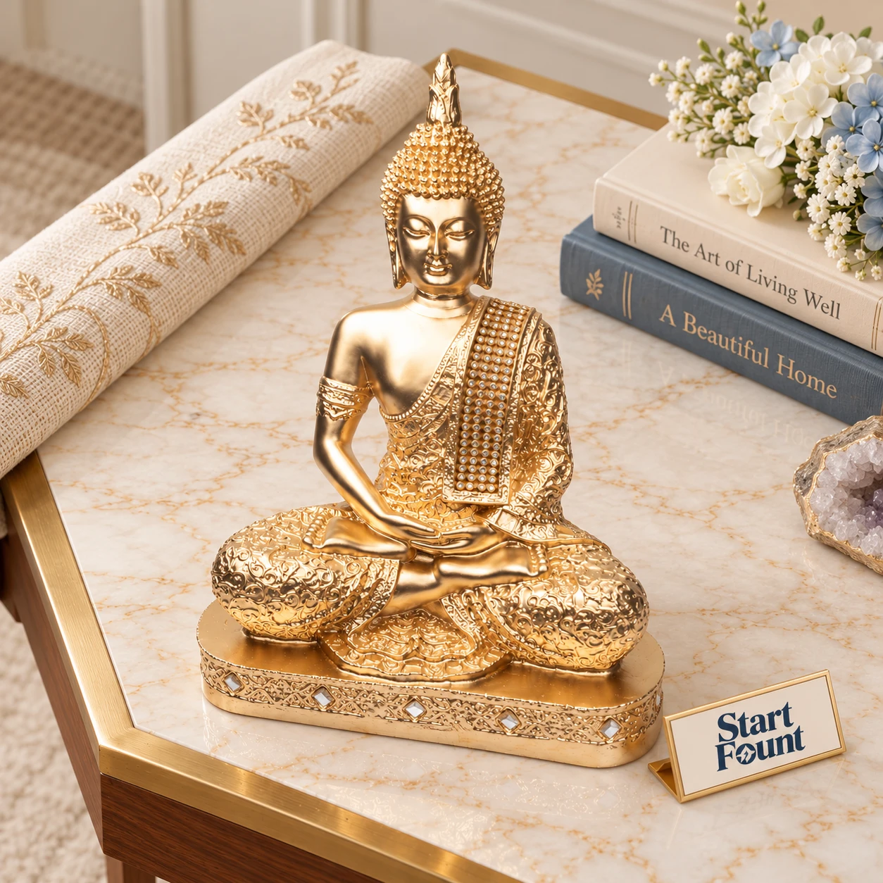 Angled tabletop display of ornate Buddha figurine near books, flowers, and crystal decor