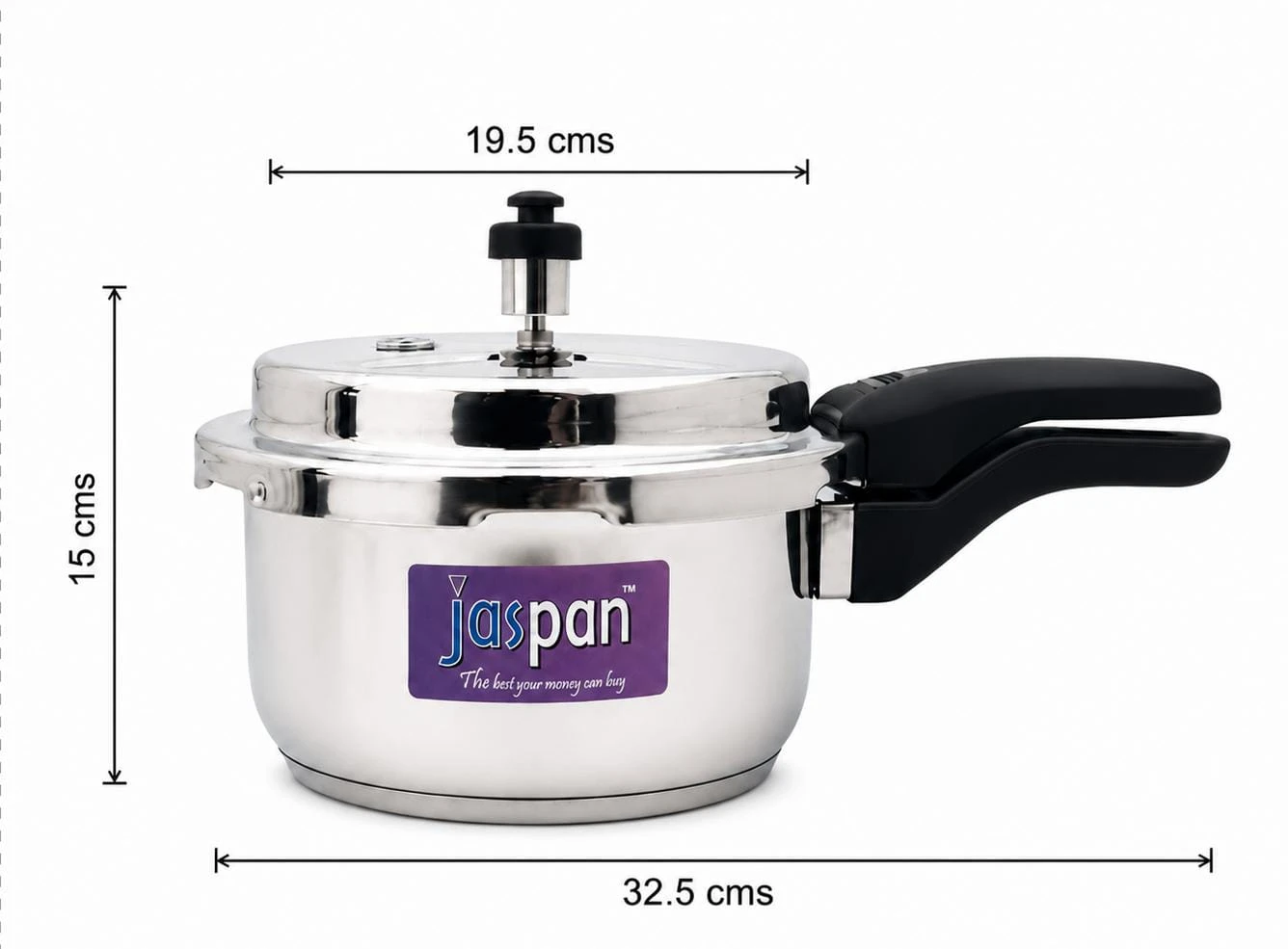 Pressure cooker with size markings showing 19.5 cm diameter, 15 cm height and 32.5 cm total length