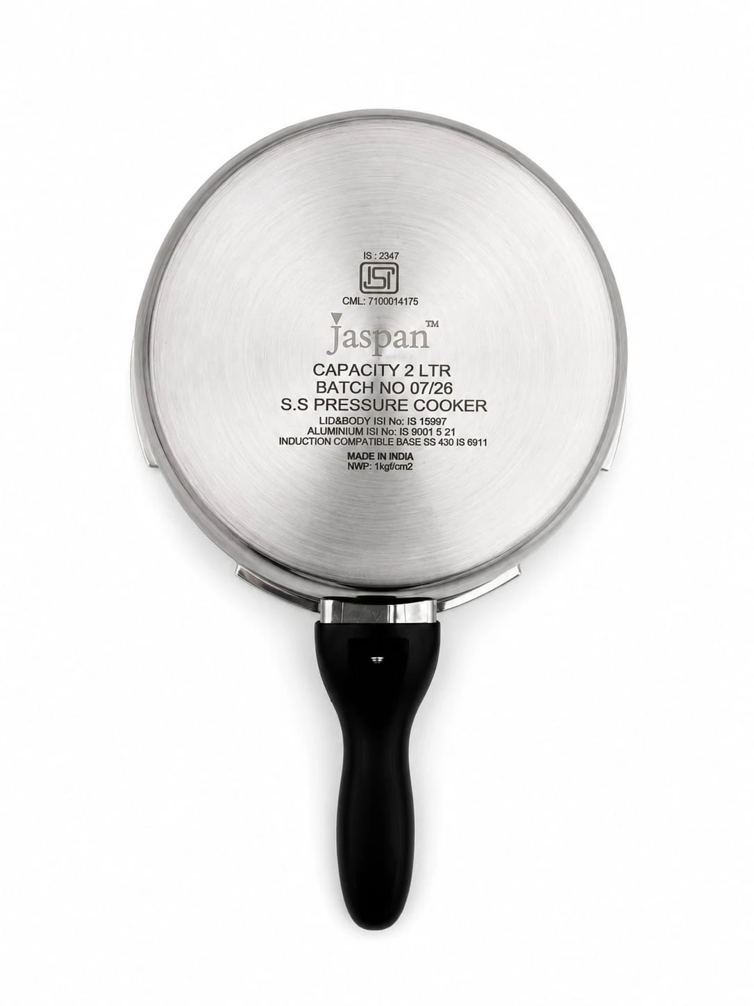 Bottom view showing engraved Jaspan branding, 2 litre capacity and induction-compatible stainless base