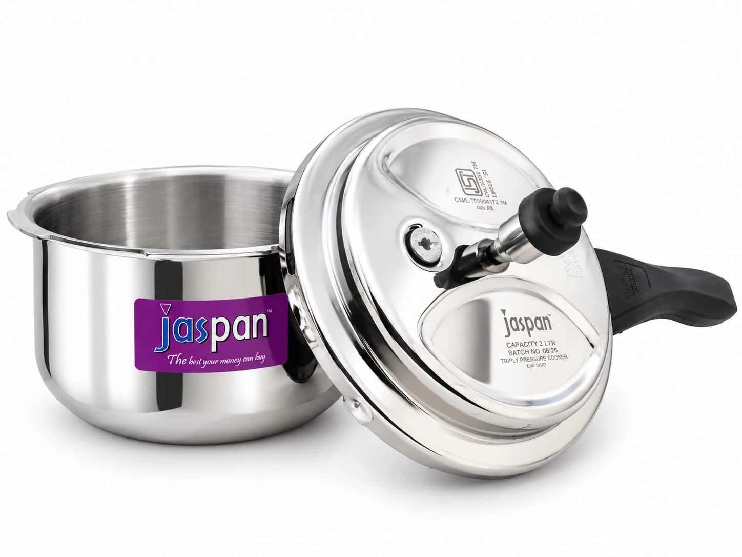 Open stainless steel cooker with detached lid showing inner pot and pressure valve details