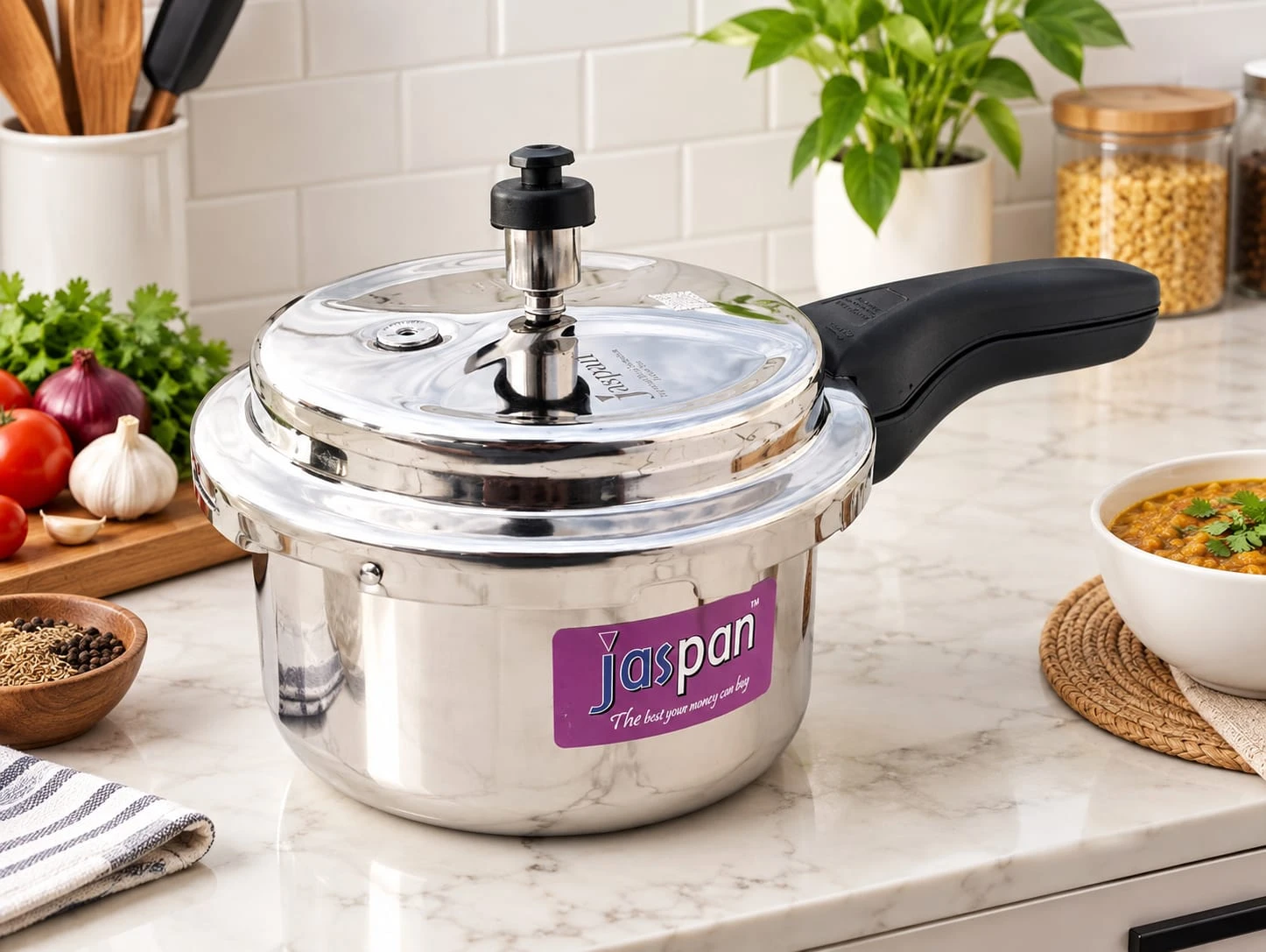 Jaspan pressure cooker styled on kitchen counter with vegetables, spices and a bowl of curry nearby