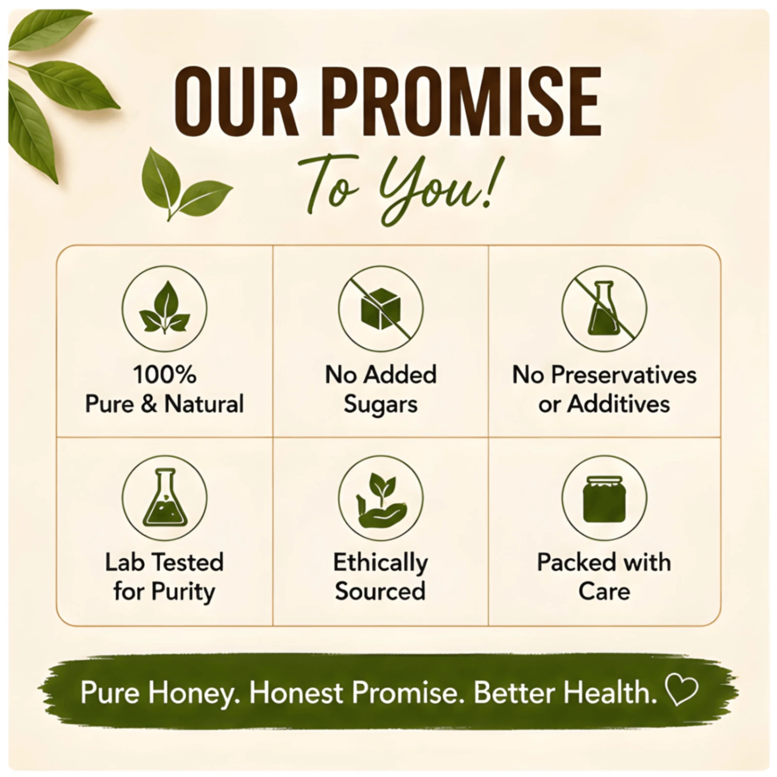 Promise infographic listing pure and natural honey benefits, lab tested, ethically sourced, and no added sugars