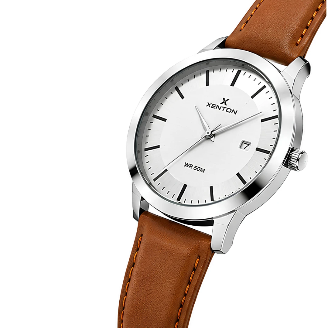 Silver dial Xenton analog wrist watch with brown leather strap and date window