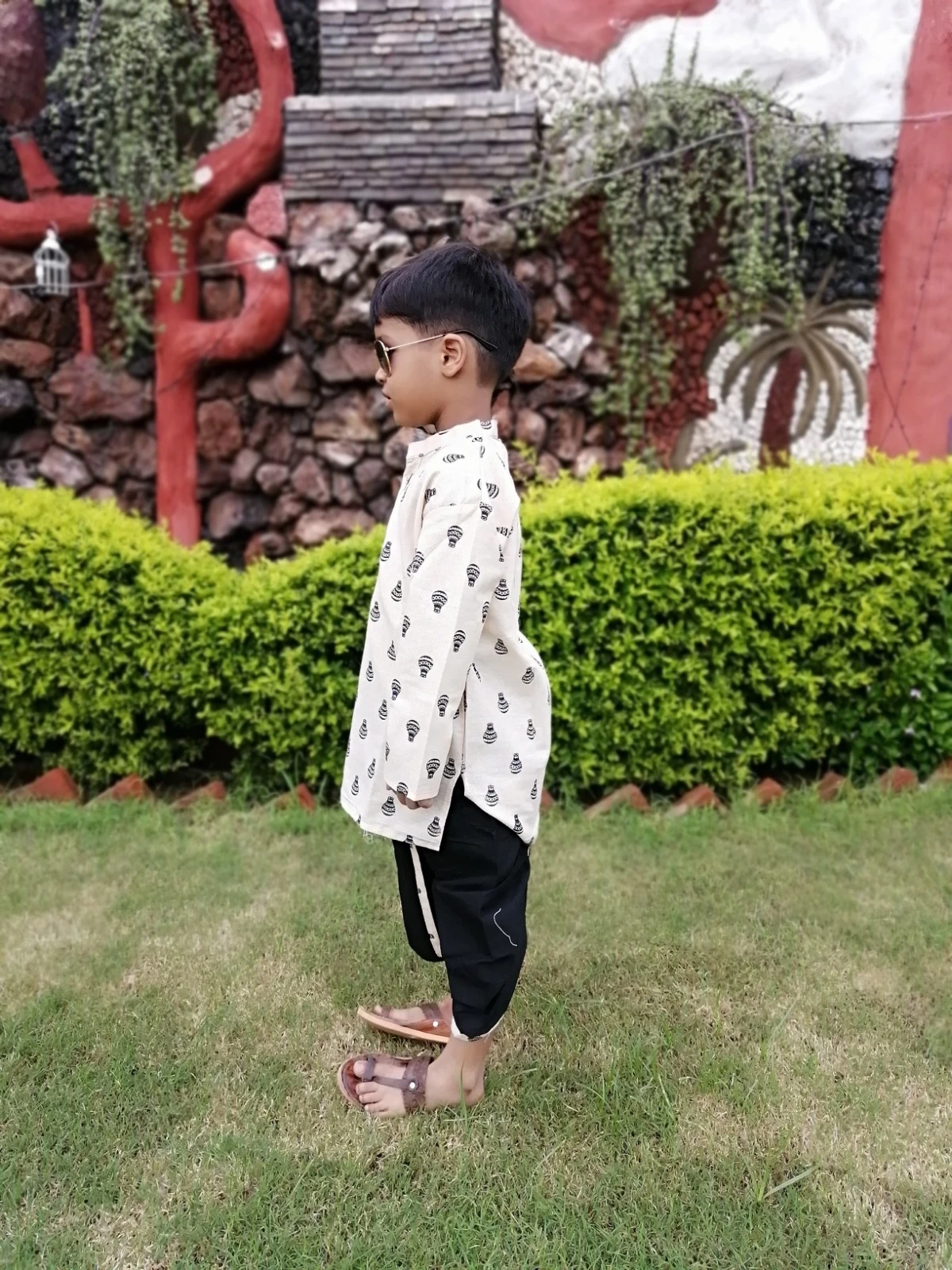 Boys Cream Black Kurta Dhoti Set view 4