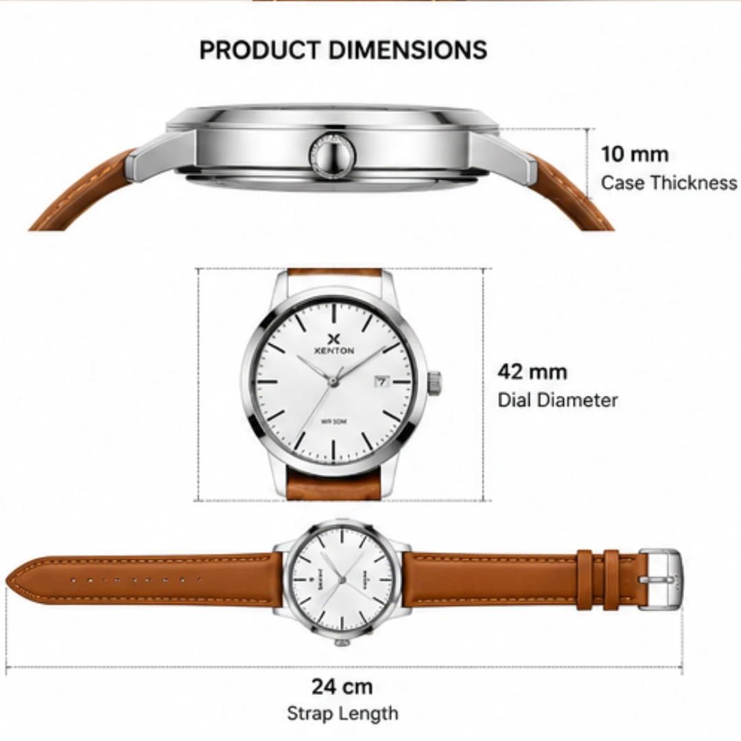 Silver dial Xenton analog wrist watch with brown leather strap and date window