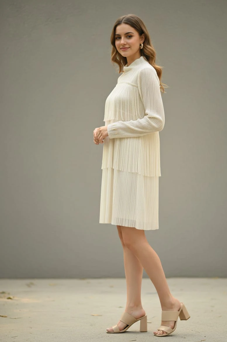 Women's Ivory Pleated Knee-Length Dress