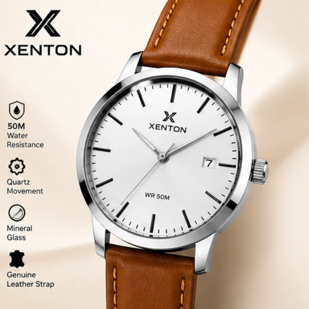 Silver dial Xenton analog wrist watch with brown leather strap and date window