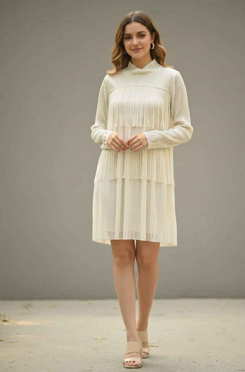 Woman wearing an ivory pleated knee-length long-sleeve dress with beige block-heel sandals
