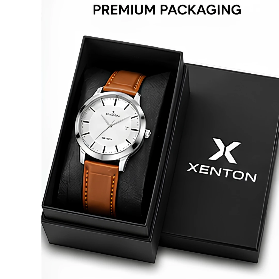 Silver dial Xenton analog wrist watch with brown leather strap and date window