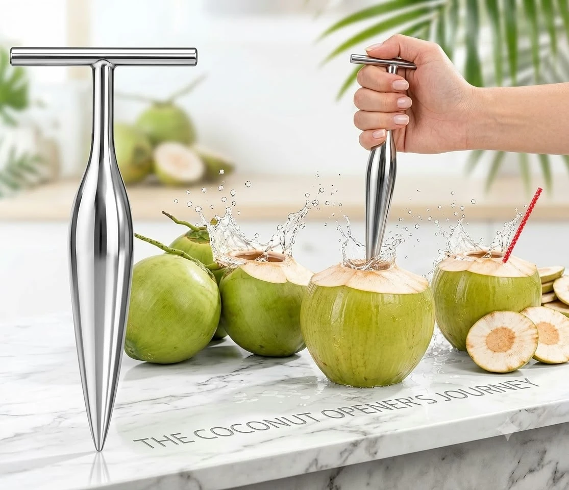 Stainless steel T-handle coconut opener beside a green tender coconut with straw and splash