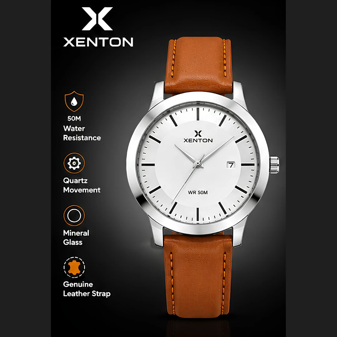Silver dial Xenton analog wrist watch with brown leather strap and date window