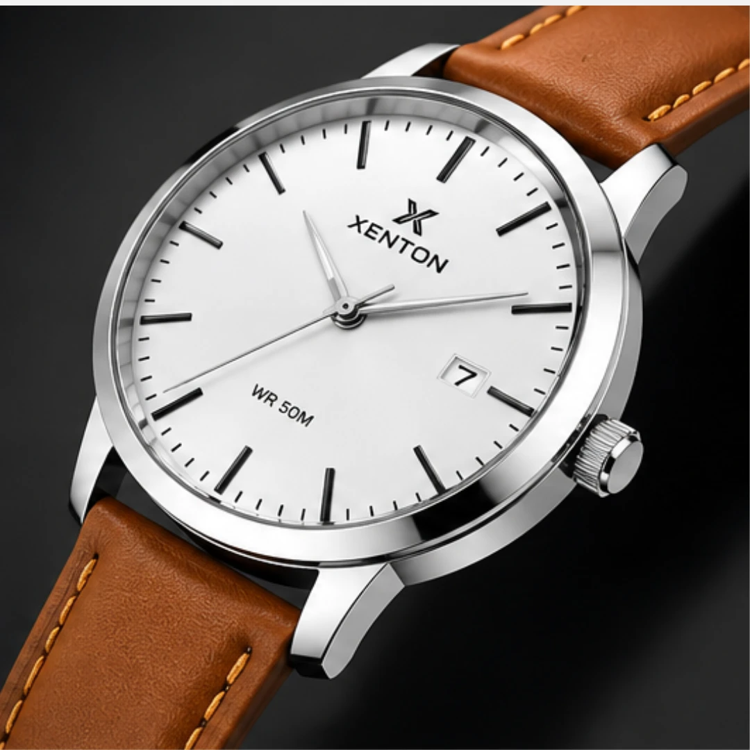 Silver dial Xenton analog wrist watch with brown leather strap and date window