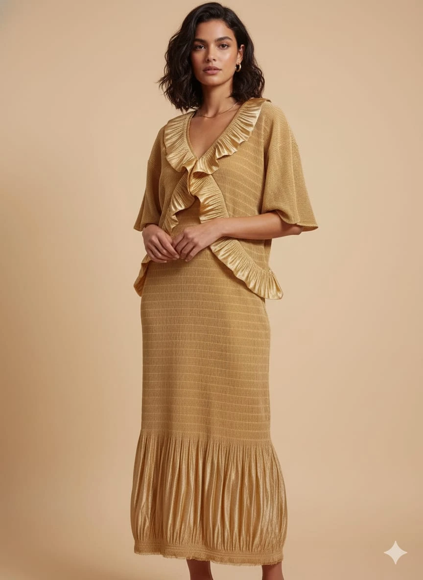 Women's Gold Ruffled V-Neck Midi Dress
