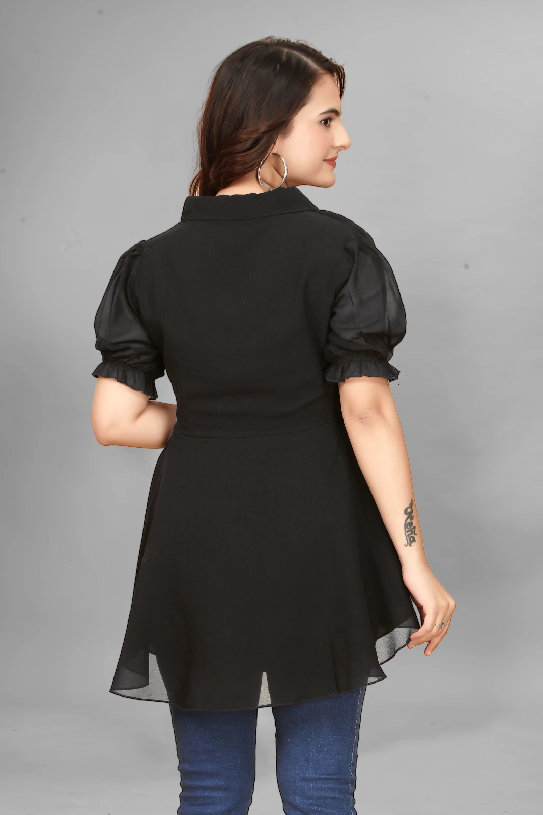 Women's Black Collared Puff Sleeve Peplum Top view 2