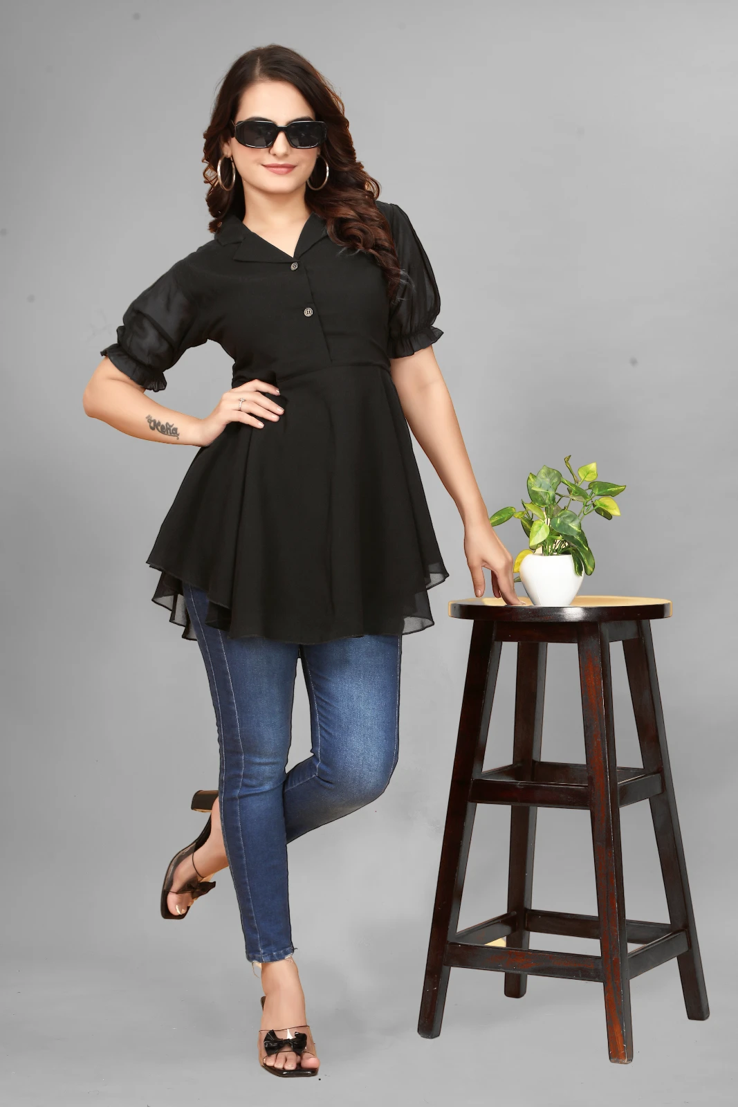 Women's Black Collared Puff Sleeve Peplum Top view 5