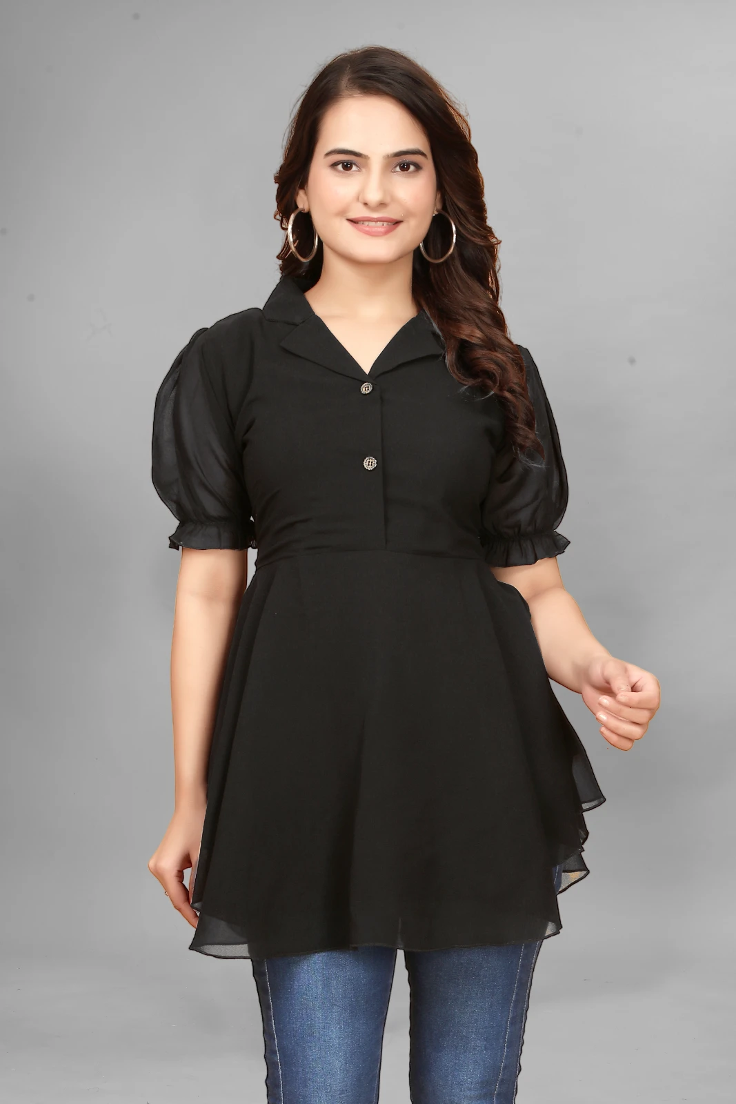 Women's Black Collared Puff Sleeve Peplum Top view 6